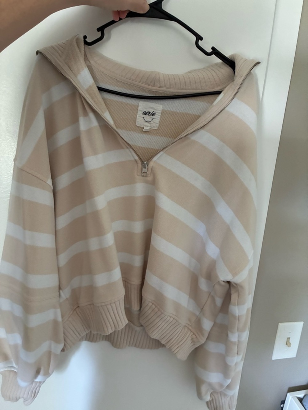 aerie Beige and White Striped Quarter-Zip